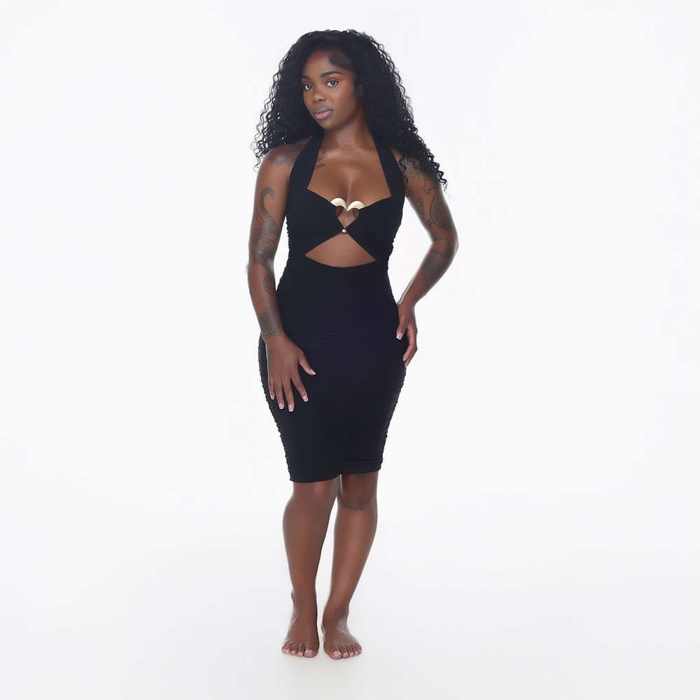 Black Cutout Halter Bodycon Dress with Gold Heart Accent